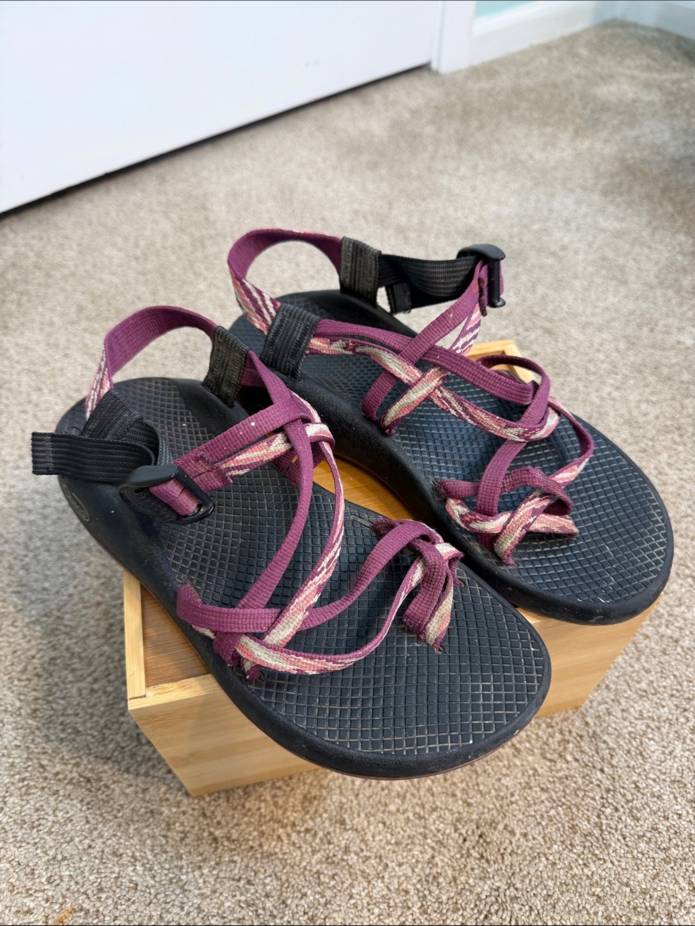 Chaco Women's Sandals in Burgundy and Black with Patterned Straps